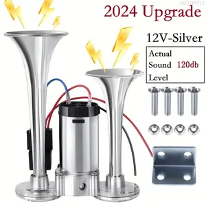 2025 Upgraded 12V 130DB Air Horn Dual Horn, Horn Kit with Air Compressor,Dual Electric Air Horns Kit with Compressor for Vehicles Trucks Pickup Trains Lorrys SUVs Cars Boats (12V SilverBlack) Alarm for Home Security,XXSTYOUT12