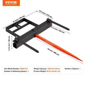 VEVOR 39 Hay Spear, Bale Spears 1600lbs Loading Capacity, Skid Steer Loader Tractor Bucket Attachment with 2pcs 17.5 Stabilizer Spears and 60 Chain, Quick Attach Spike Forks