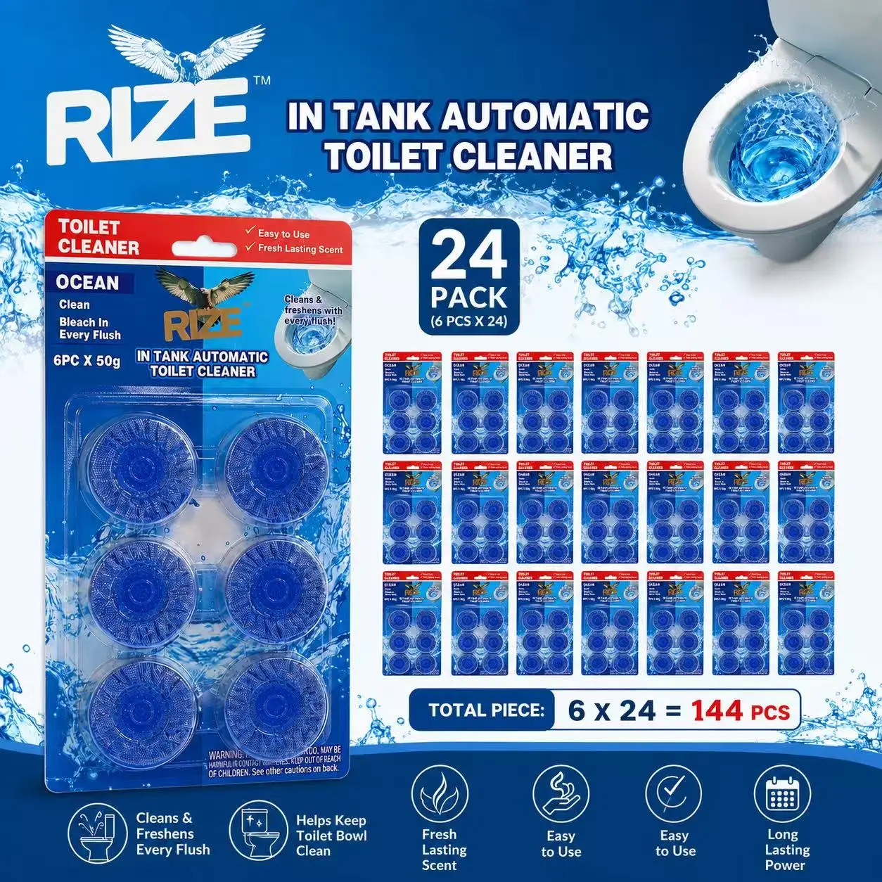 RIZE Automatic Toilet Bowl Cleaner Tablets 144 Pcs Total Ocean Scent In Tank Toilet Cleaning Blocks Long Lasting Deodorizing Bleach Cubes For Bathroom Toilet Tank Household Toilet Clean Supplies Bulk Pack