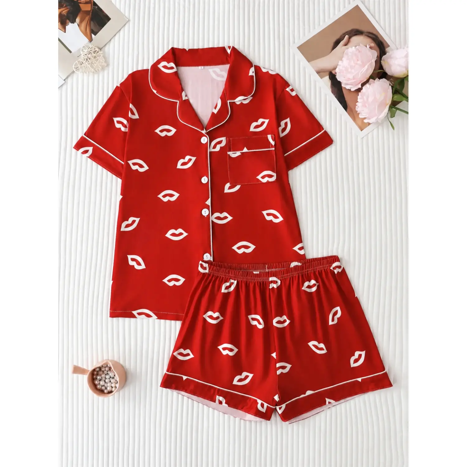 Chic Valentine's Lips Print Pajama Set for Women: Short Sleeve Collared Top & Comfy Loose Shorts, Elegant All-Season Sleepwear