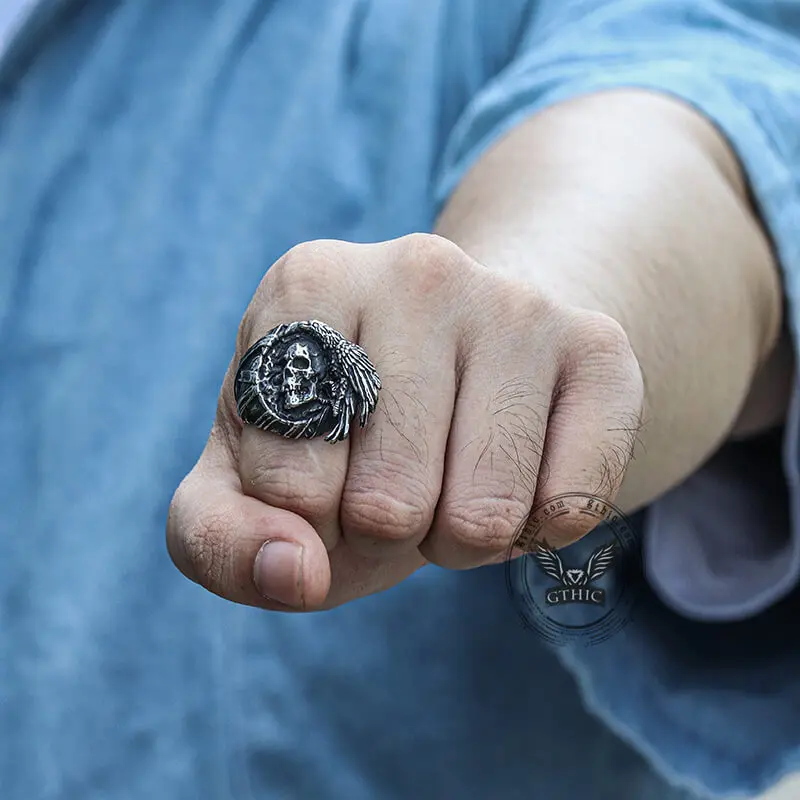 GTHIC Stainless Steel Crow Skull Dark Aesthetic Punk Style Ring, Gothic Raven Jewelry for Men Daily Wear, Dark Aesthetic Rings
