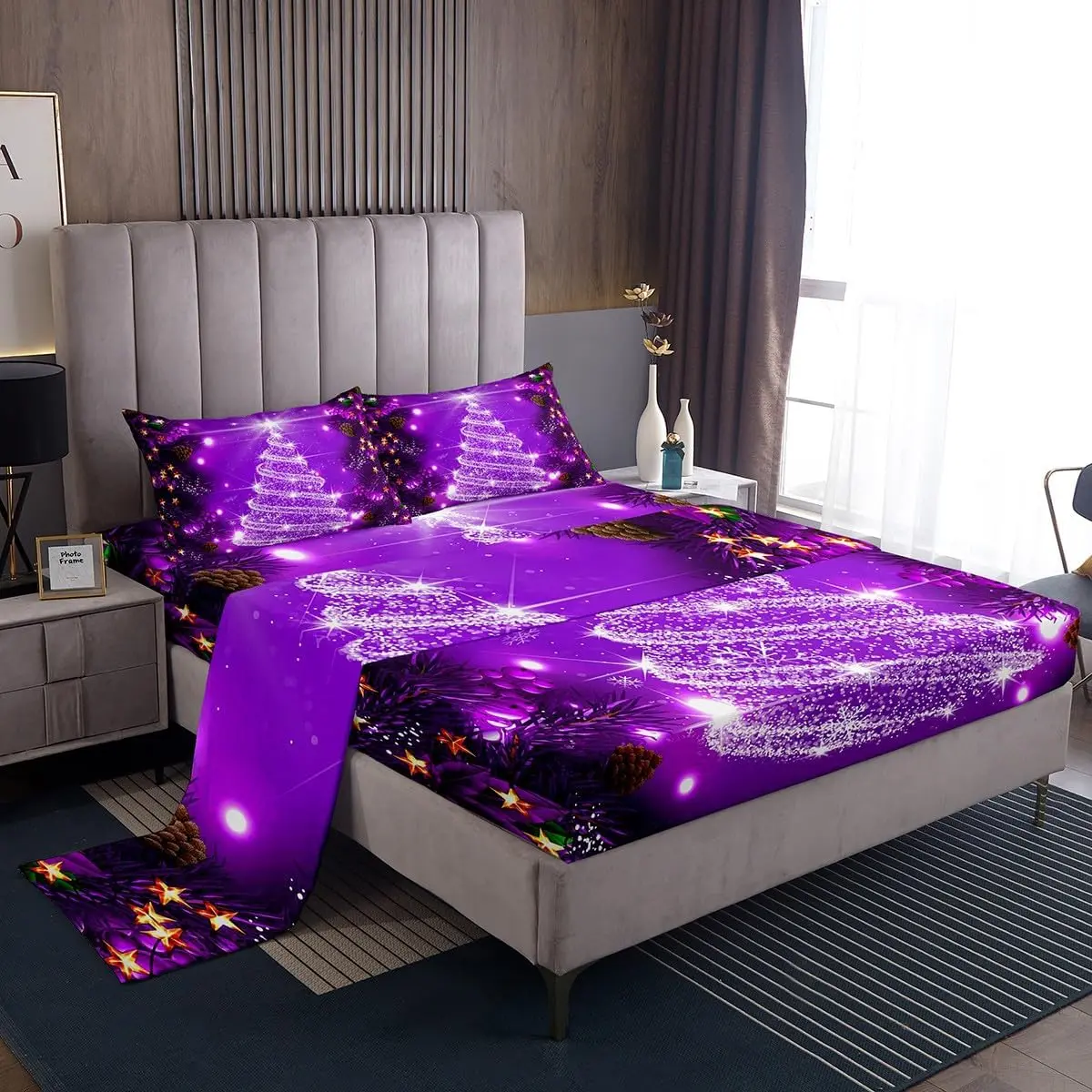 Feelyou Santa Tree Theme Decorative Microfiber Bedding Set - Purple Deep-Pocket Fitted Sheet Set with Christmas Bell Decor, Multi-Size Options for Teens, Decorative Bedding Set