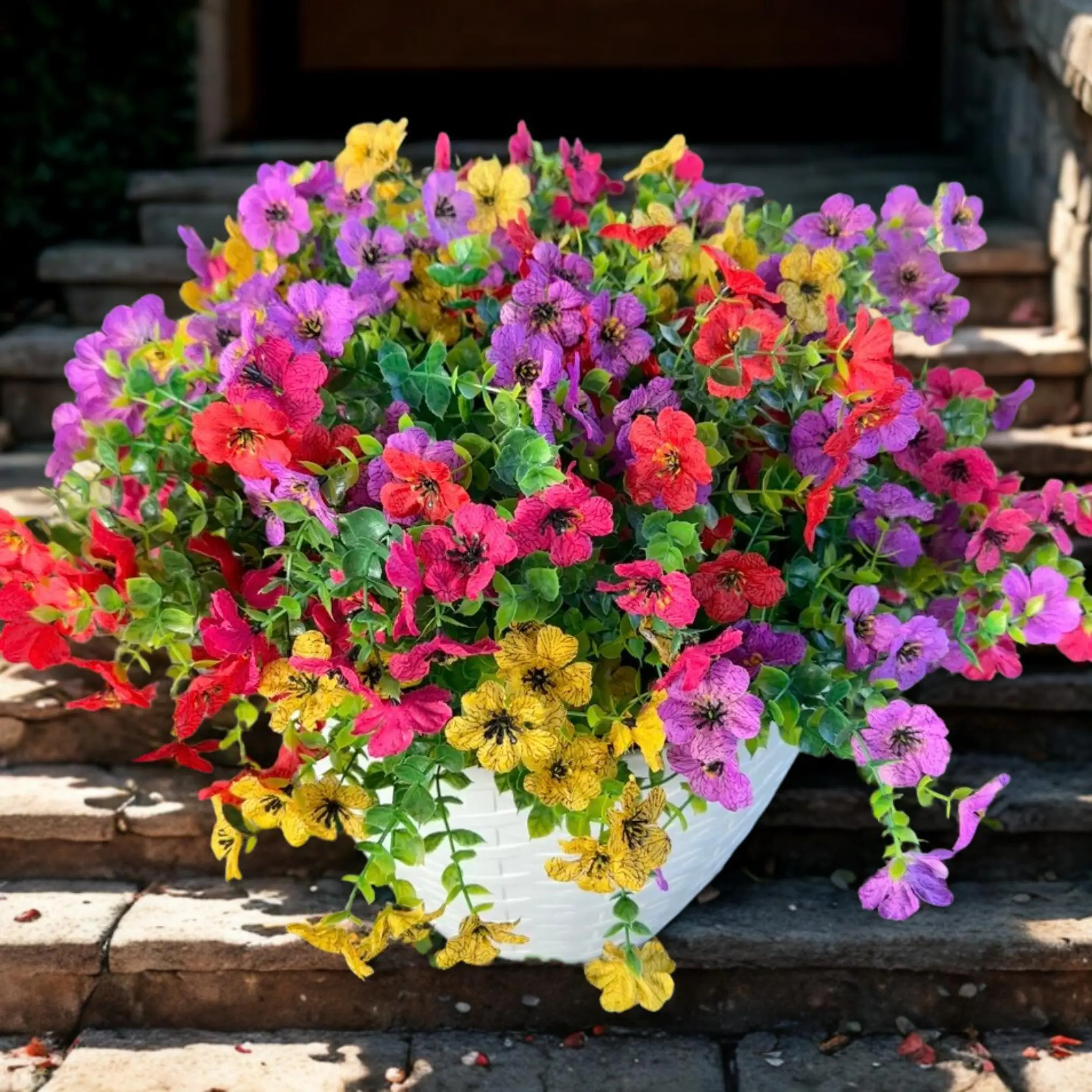UV Resistant Artificial Flowers for Outdoor, Garden & Porch Decoration – Faux Silk Daisies with Eucalyptus Leaves, Fake Plants for Patio, Front Yard & Home Decor, 12 Bundles (Red,Purple,Yellow,Pink)