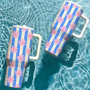 1 Pc Blue Stripe thermal mug, Tumbler, Tumbler Drinkware, 40oz handle, double wall vacuum insulated stainless steel, leak proof lid, keeps hot 12h cold 24h, for hot cold drinks, floral stripes, sweat free, car holder friendly, gift for women men