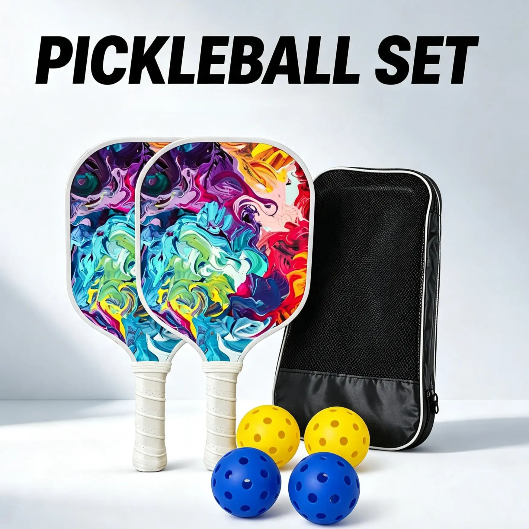 Lightweight Poplar Wood Pickleball Set of 2 - Printed Starter Kit with 4 Indoor & Outdoor Balls & Carry Bag sohochic spin max