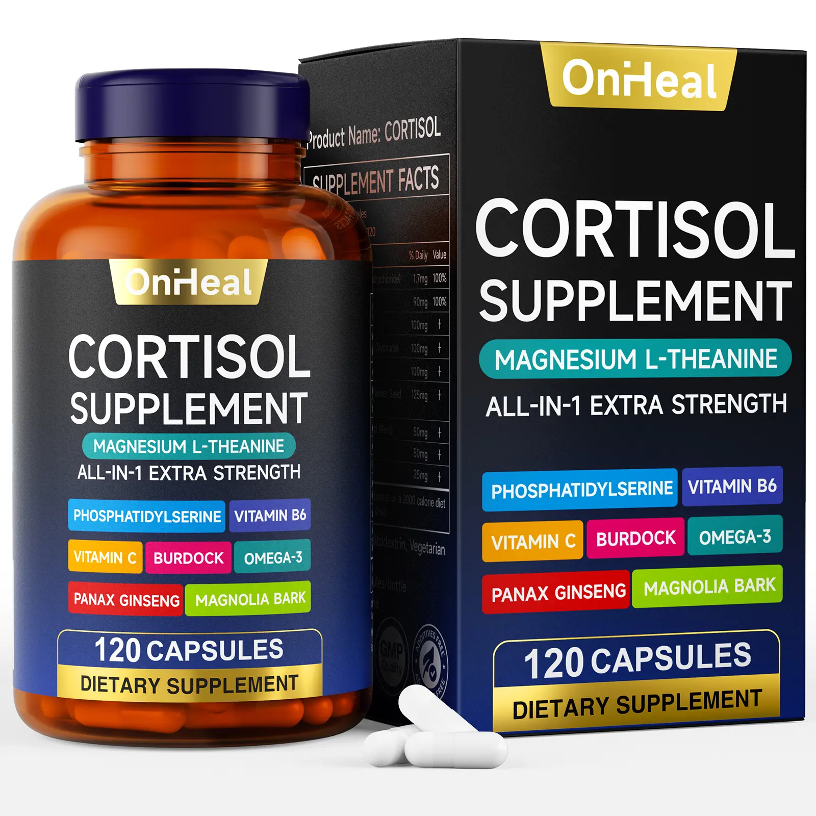 OnHeal Cortisol Dietary Capsules - Metabolic Health Supplement, Hormonal Balance Support, Stress Reliever, Antioxidant, Vitamin C, Glycine Magnesium, Aspalathus Linariifolius, L-Theanine, Ashwagandha - 120 Capsules for Adults, Dairy Free, Antioxidants, He