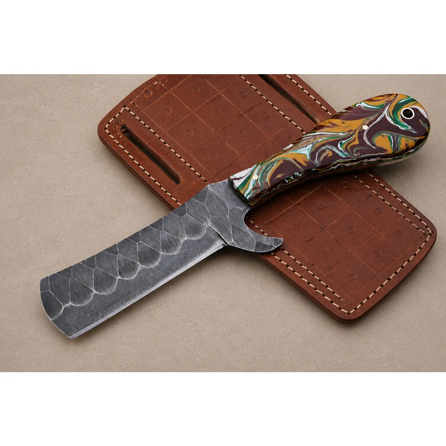 Hand Forged Fixed Blade Knife - Handmade Railroad Steel Knife with Resin Handle, Leather Sheath, Ideal for Survival Equipment, Unique Gifts for Man