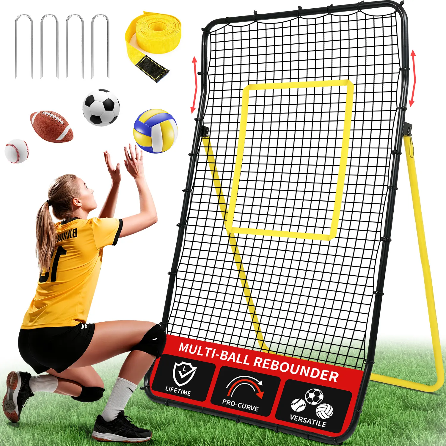 【BackToSchool】BAGAIL Volleyball Rebounder Net 7x4 Ft, Bounce Back Training Equipment with Unique Curved Frame for Better Catching, 5 Adjustable Angles for Volleying & Spiking, Easy Set Up & Sturdy Base