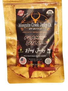 Mesquite Creek Jerky Co. Flamin' Dill Beef Jerky - (Dill Pickle Jerky with Flaming Hot Powder Coating) Limited Edition 30g Protein Per Pack - Ultimate Snack for Heat Seekers