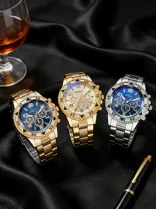 3-piece set men's business fashion three-eye stainless steel strap quartz watch, blue dial, round dial, birthday gift, present, Trendy watch