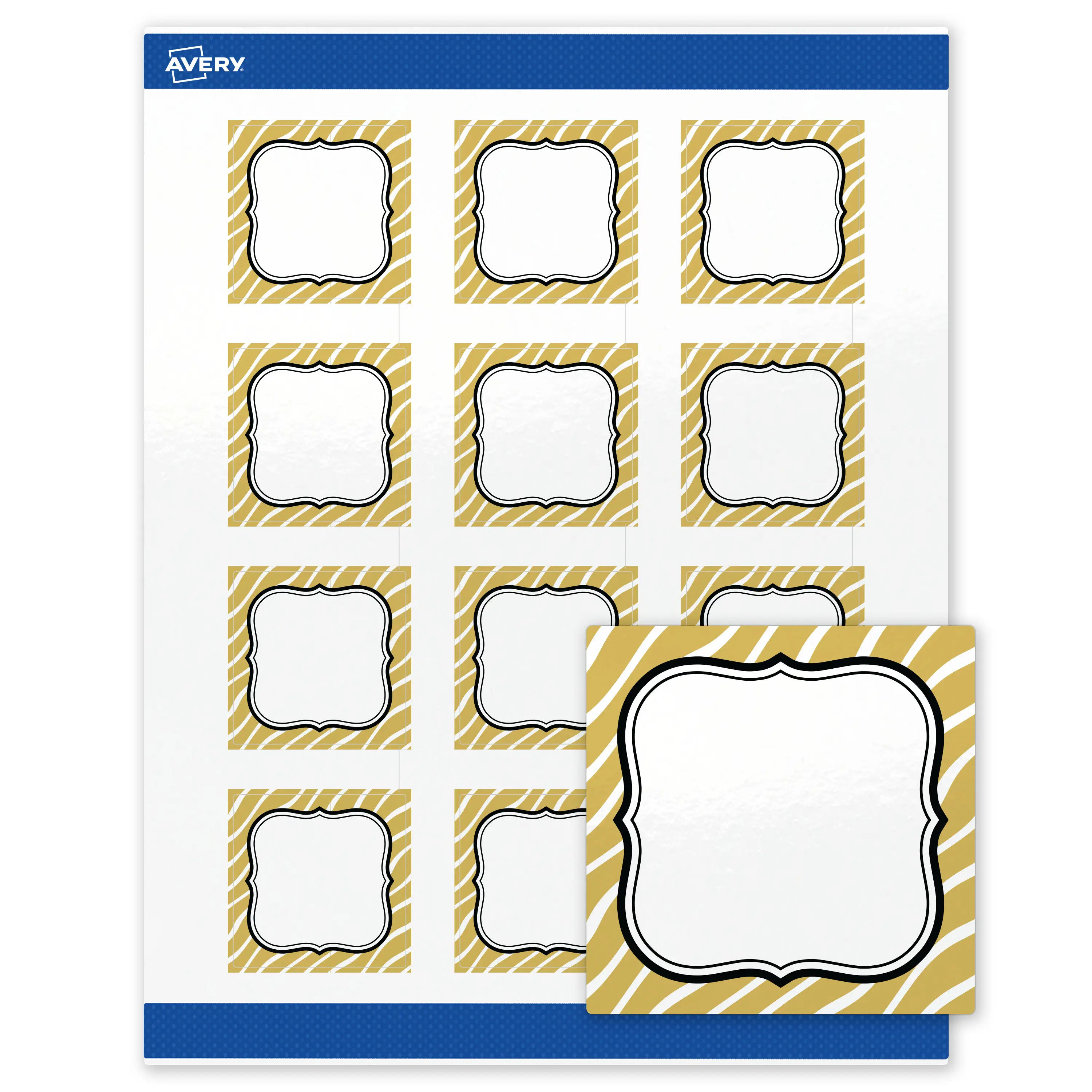 Avery Printable Square Labels, 2" x 2", Glossy White, Pre-printed Metallic Gold Zebra Pattern Design, Sure Feed Technology, Laser & Inkjet Compatible, 240 Total