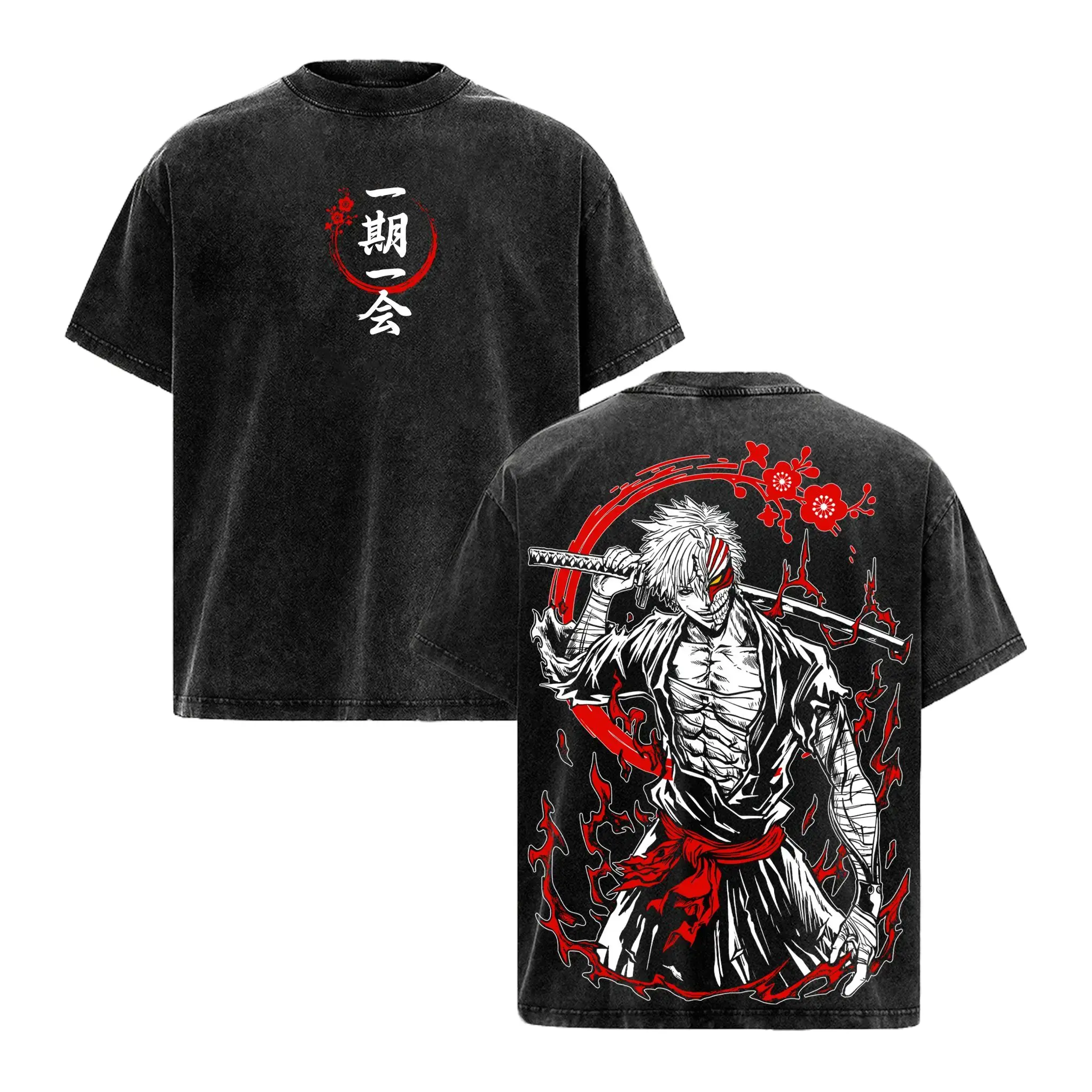 Bleach Ichigo Kurosaki Anime Tee, Soul Reaper Power Graphic Vintage Washed Tee Vintage Graphic Tee Men's Acid Wash Oversized T-Shirt | Japanese Samurai Hollow Mask Streetwear | Heavyweight Cotton Gym 90s graphic good tees Casual American Short Sleeve T-sh