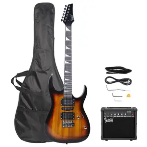 Right-Hand 170 Beginner Electric Guitar Pack with 20W Amplifier, 5 Pickup Adjustments, Basswood Body, Maple Neck, Rosewood Fretboard, Bag, Strap, Picks, Wrench Tool, Sunset Color