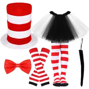 6 Pcs Cat Costume Accessories Set Include Red White Striped High Top Hat Gloves Socks Black White Tutu Skirt Red Bow Tie Tail for Book Week Party Supply