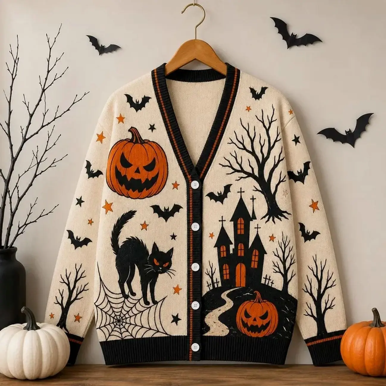 Halloween Black Cat Cardigan, Cream Haunted House Jack O Lantern Spiderweb Knitted Button Sweater