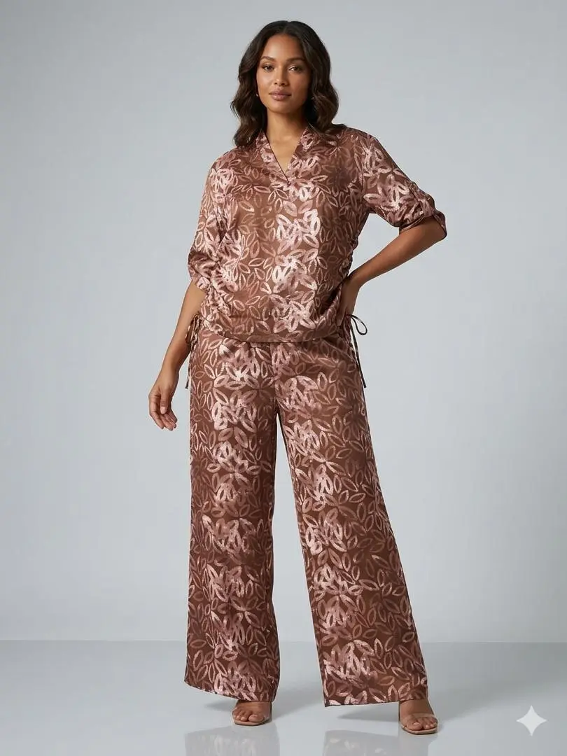 WENRY Women's Summer Casual V-neck 2 Piece-Set Three Quarter Sleeve All-Over Print Wide Leg Pants Comfortable Stylish Vacation Ready Fashion Shirt