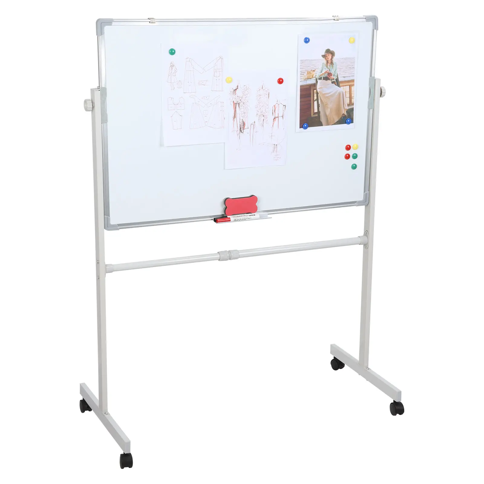 36"x24" Heavy-Duty Magnetic Whiteboard with Steel Frame, Rolling Base with Locking Casters, Detachable Pen Tray - Unisex Portable Height-Adjustable Presentation Board for Teachers (Home, School Use)