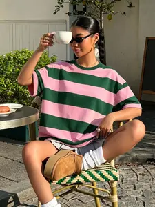 TikTok Pink and Green Striped Loose Baggy Oversize T-shirt | Women's casual round neck loose fit T-shirt, perfect for Streetwear street style, coffee shop everyday daily and lazy OOTD dressing, summer trend basic style