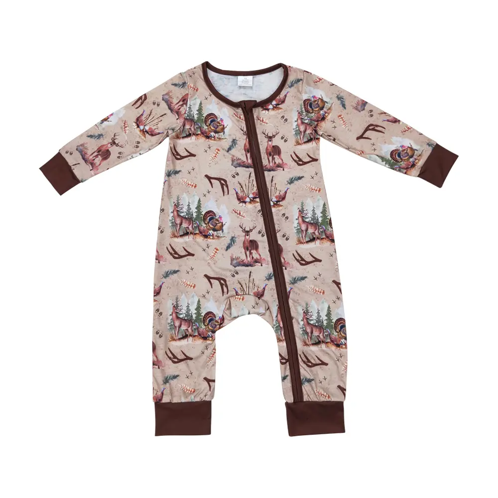 Snug Fit Deer Print Modal Baby Romper, Long Sleeve Sleepwear Outfits for Unisex Infants and Toddlers with Snap Closures, Snug Fit Sleepwear