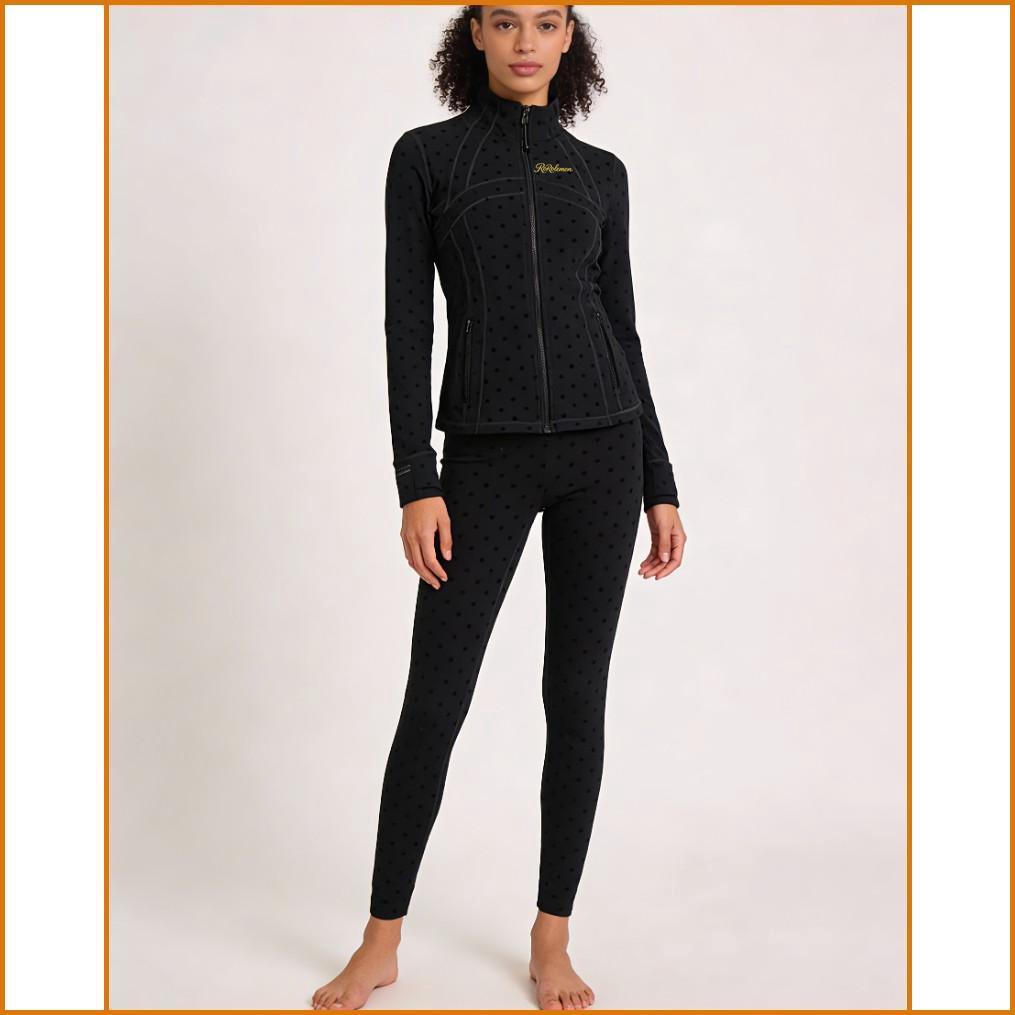 ROROLEMON Women's Yoga Outfit – Black Polka Dot Long Sleeve Jacket with Matching Leggings