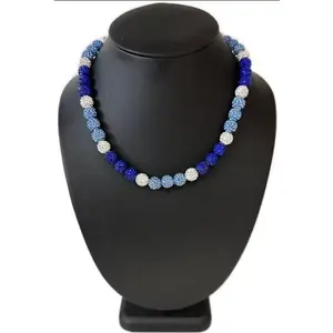 Iced Bling Disco Ball Rhinestone Crystal Bead Baseball Necklace Carolina Blue