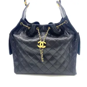 Pre-owned CHANEL 25 Medium Hobo Black Grained Calfskin Gold Hardware Chain Shoulder Bag