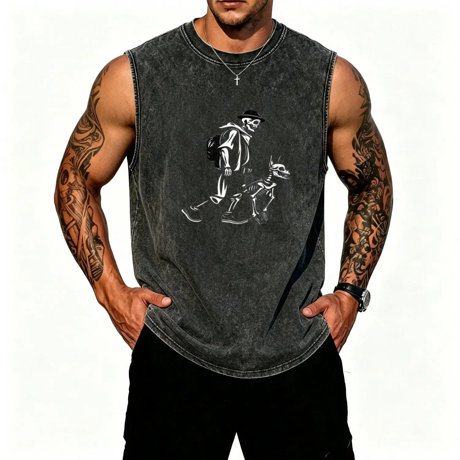 Menswear Black Sleeveless Vest - Edgy Gothic Skeleton Dog Print, Casual Summer Breathable, Retro Streetwear, Halloween Punk Style, Fashionable Layering Top