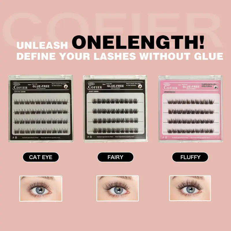Cofier lashes No-Glue lash Clusters 40PCS - Self-Adhesive Eyelashes, Uniform length DIY lashes (10/12/14mm), Easy, Natural, Beginner-Friendly
