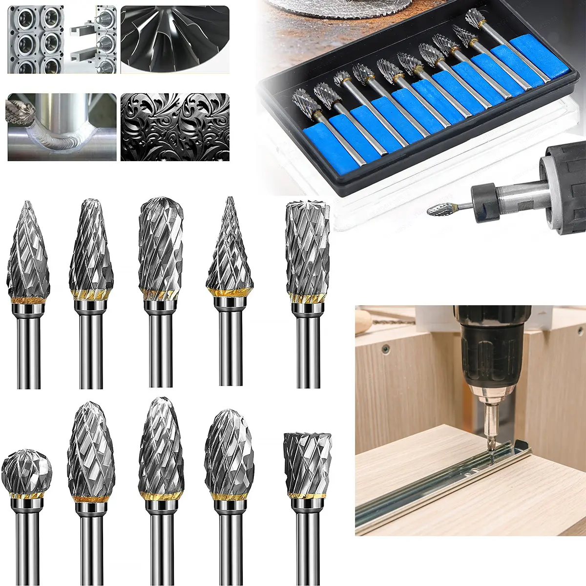 10-Piece Tungsten Carbide Rotary Burr Set, 1/8" Shank (3mm Diameter, 22mm Length), 92%W+8%Co Double Cut Nickel Plated Rotary Tools Accessory, Sharp Durable, Dremel-Compatible, Faster Than Hand Tools & HSS