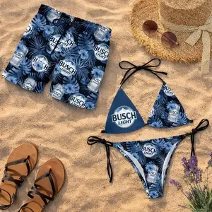 Busch Tropical Forest Matching Couple Swimsuit Set, Beer Lover Bikini forWomen &Men Swim Trunks,Hawaiian Beach Outfit Funny Summer Honeymoon