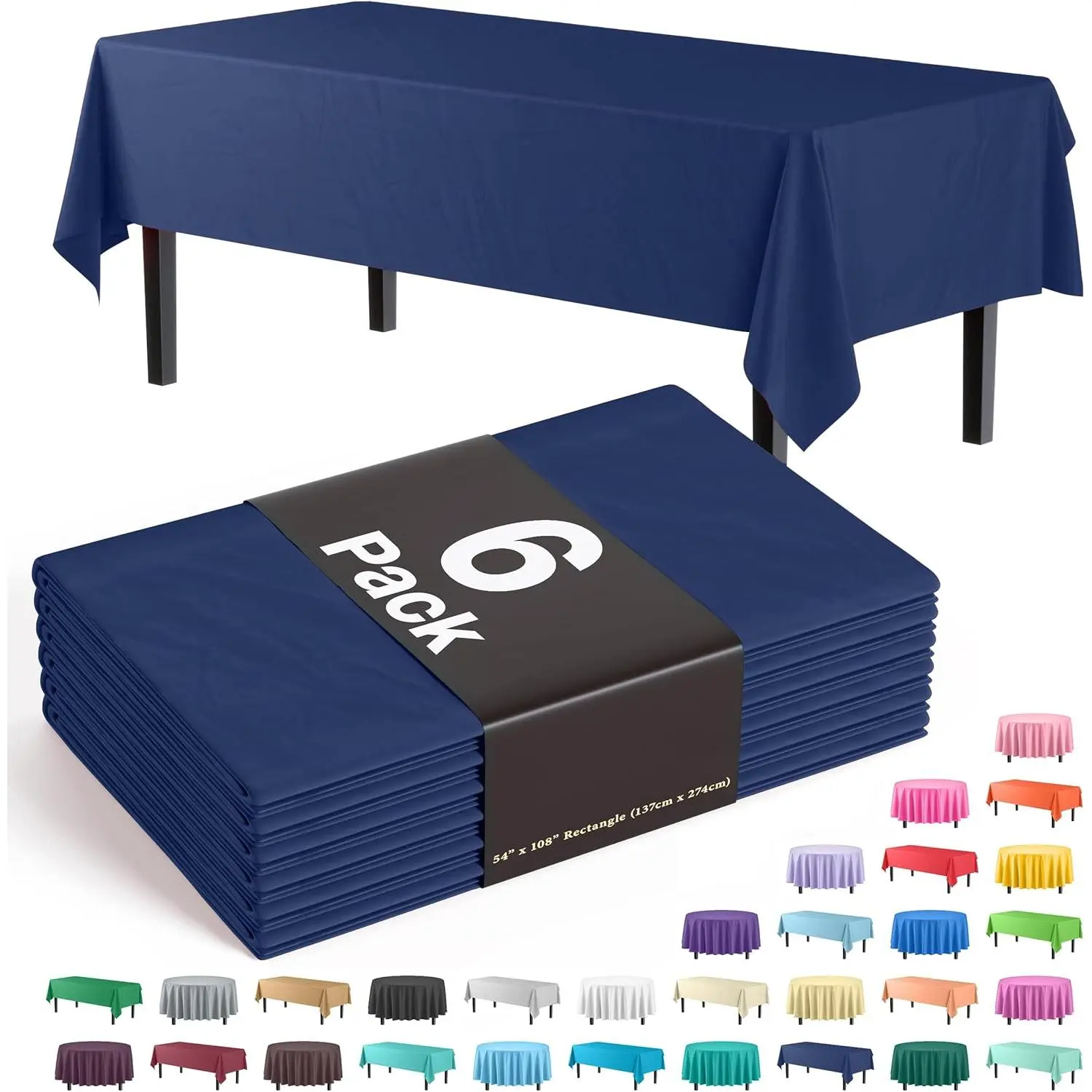 Navy Rectangle Plastic Tablecloth 6-Pack - 54In x 108In Premium Solid Table Covers for Home, Festive & Party Supplies