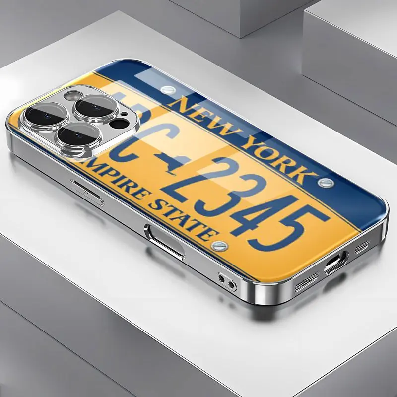 New York License Plate Pattern Glass Phone Case, Designed with Classic State Emblem , Suitable for Samsung Iphone 17 Air 16, 15, 14 Pro Max, Glass Material, Shockproof Protection.Has Anti-Drop Function  It Is The Best Gift for Family, Friends And Loved