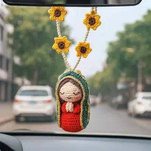 Handmade Crochet Car Rearview Mirror Hanging Ornament, Cute Mary Statue Car Interior Decoration, Car Rearview Mirror Pendant, Car Accessories