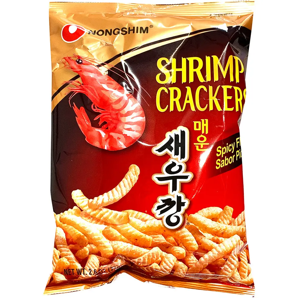 NONGSHIM Hot & Spicy Dried Shrimp Cracker Snack Pack, Korean Snacks Ready-to-Eat Crispy Puffed Food Made with Enriched Flour, Garlic, Onion, Salt, and Sugar for Wholesome Munching
