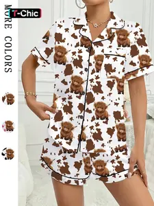 Valentine's Day Women's Sleepwear Pajama Loungewear Set, Comfortable Cute Elastic Highland Cow Milk Cow Pattern Shirt and Pants Two-Piece Suit