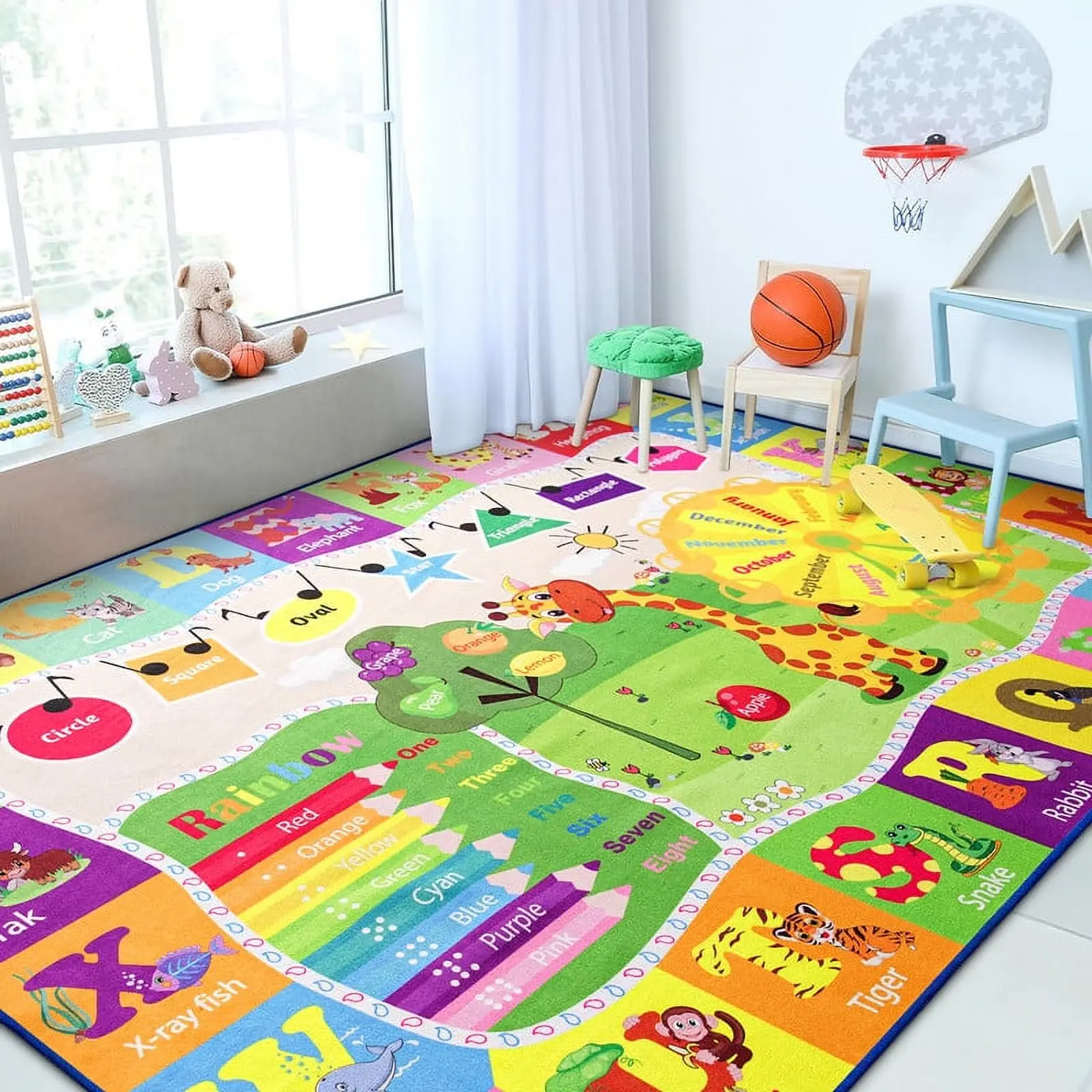 RUNIA Kids Soft Polyester Interactive Alphabet Learning Rug - Non-slip Bottom, Machine Washable Household Textile with Cartoon Animal World Design for Baby Nursery, Playrooms, Kid Room