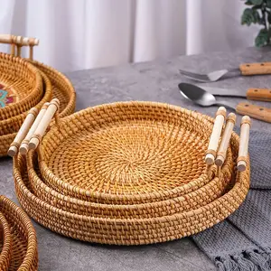 Handwoven Rattan Storage Basket Set, Round Tray Handles, Eco-Friendly Organizer for Bread Snacks Fruits Picnic Home Use, Food Storage Organizer, Convenient, Vegetable Basket