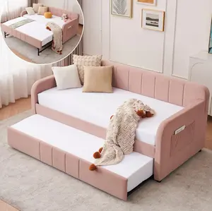Twin Size Daybed with Pop Up Trundle Bed, Velvet Twin to King Size Day Bed Frame with USB Ports & Side Pockets, Upholstered Extendable Sofa Bed for Living Room, Bedroom, No Box Spring Needed, Pink