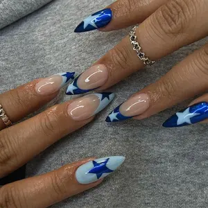 Blue French Star Nail Art Stickers, Removable False Nails, Nail Tips, Complete Set, Easy Apply, Perfect for Manicure at Home