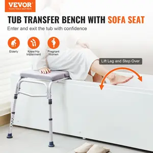 VEVOR Tub Transfer Bench for Bathtub 500lbs, Shower Seats for Adults, Lightweight Shower Bench for Elderly and Disabled with Padded Seat, Non-Slip Bath Seats with Armrest and Reversible Backrest