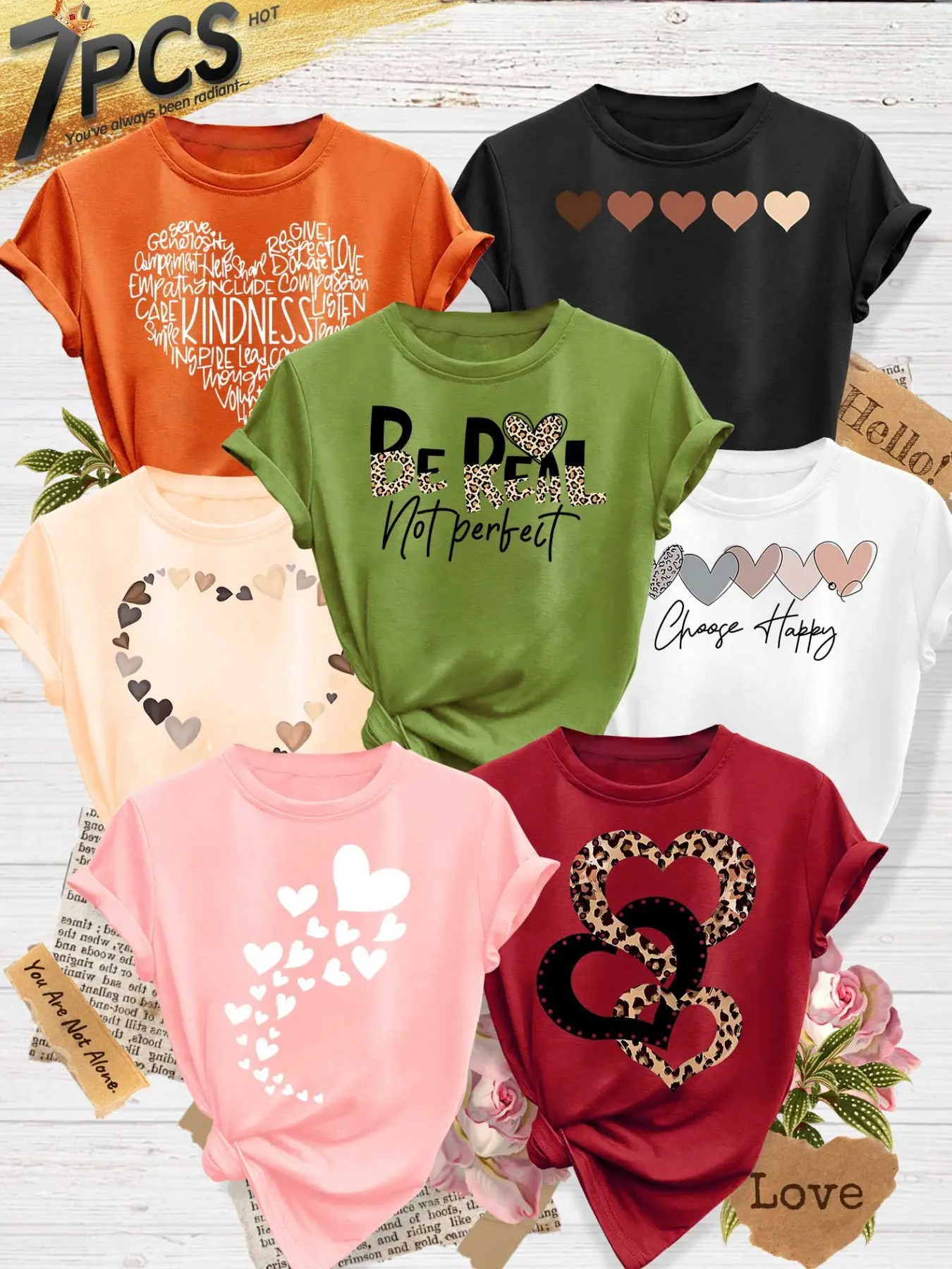 Women's 7-Pack Casual Short-Sleeve Crew Neck T-Shirt, Leopard & Heart & Inspirational Slogan Print, Multiple Colors Available, Machine Washable, Spring & Summer Top, Soft Skin-Friendly Fabric, Versatile Fashion Womenswear for Daily Wear