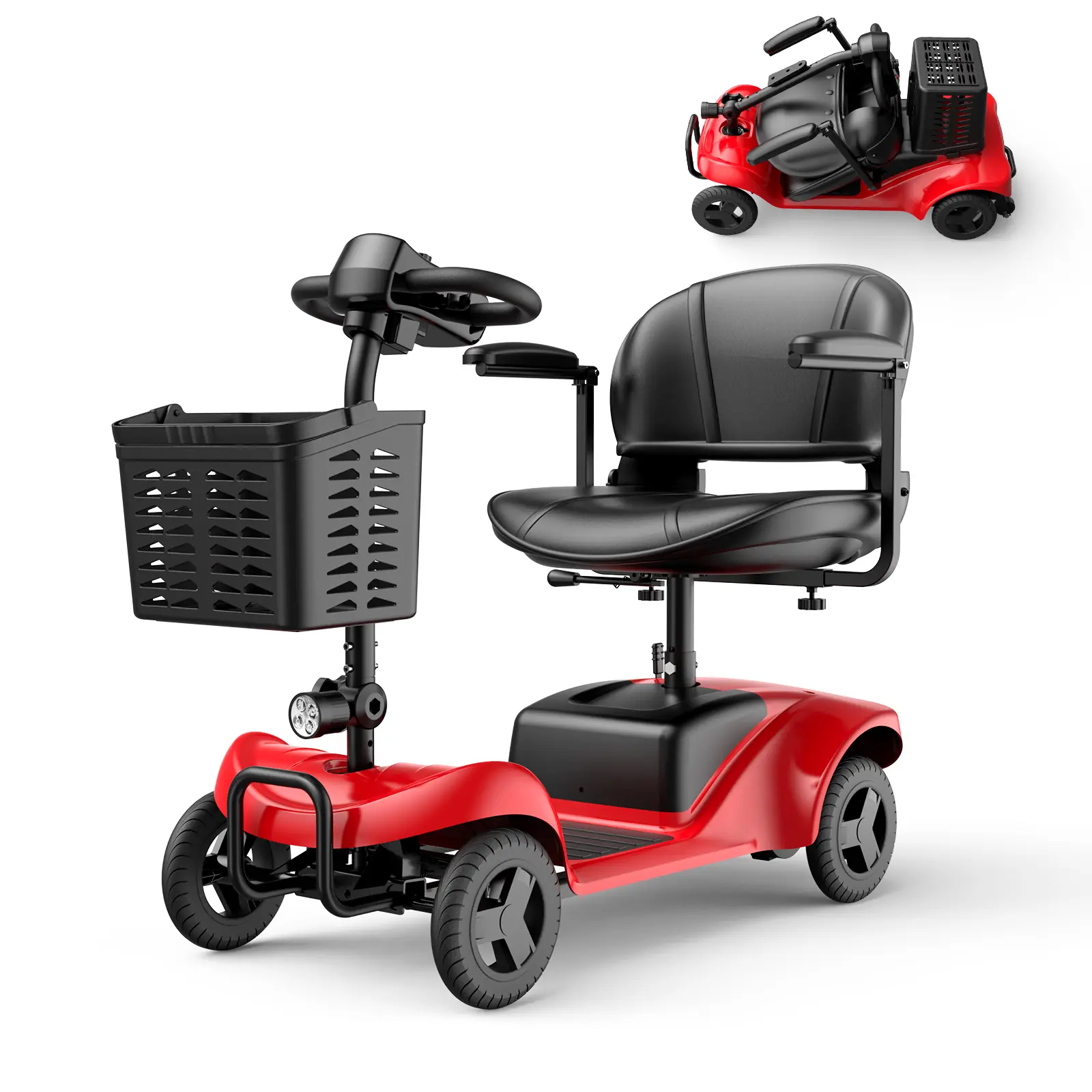 Folding Commuter Scooter for Seniors & Adults - 4-Wheel Foldable Medical Mobility Aid, 15 Mi Range, Dual Basket, 300lb Capacity, Compact Red Mobility Device, Dual Baskets