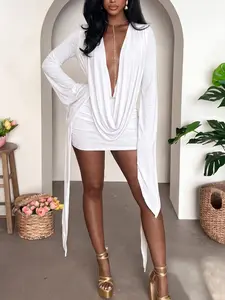 Women's Aphrodite Drape Long-Sleeve Mesh Cowl-Neck Bodycon Strappy Mini Dress - Soft Elegant Piece, Casual Going Out Birthday Womenswear Dress