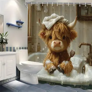 Funny Highland Cow Shower Curtain Set, Vintage Bathroom Decor, Bathroom Decoration Accessories, Fluffy Bull Design, Polyester, Includes 12 Hooks, 70.86x70.86 Inches