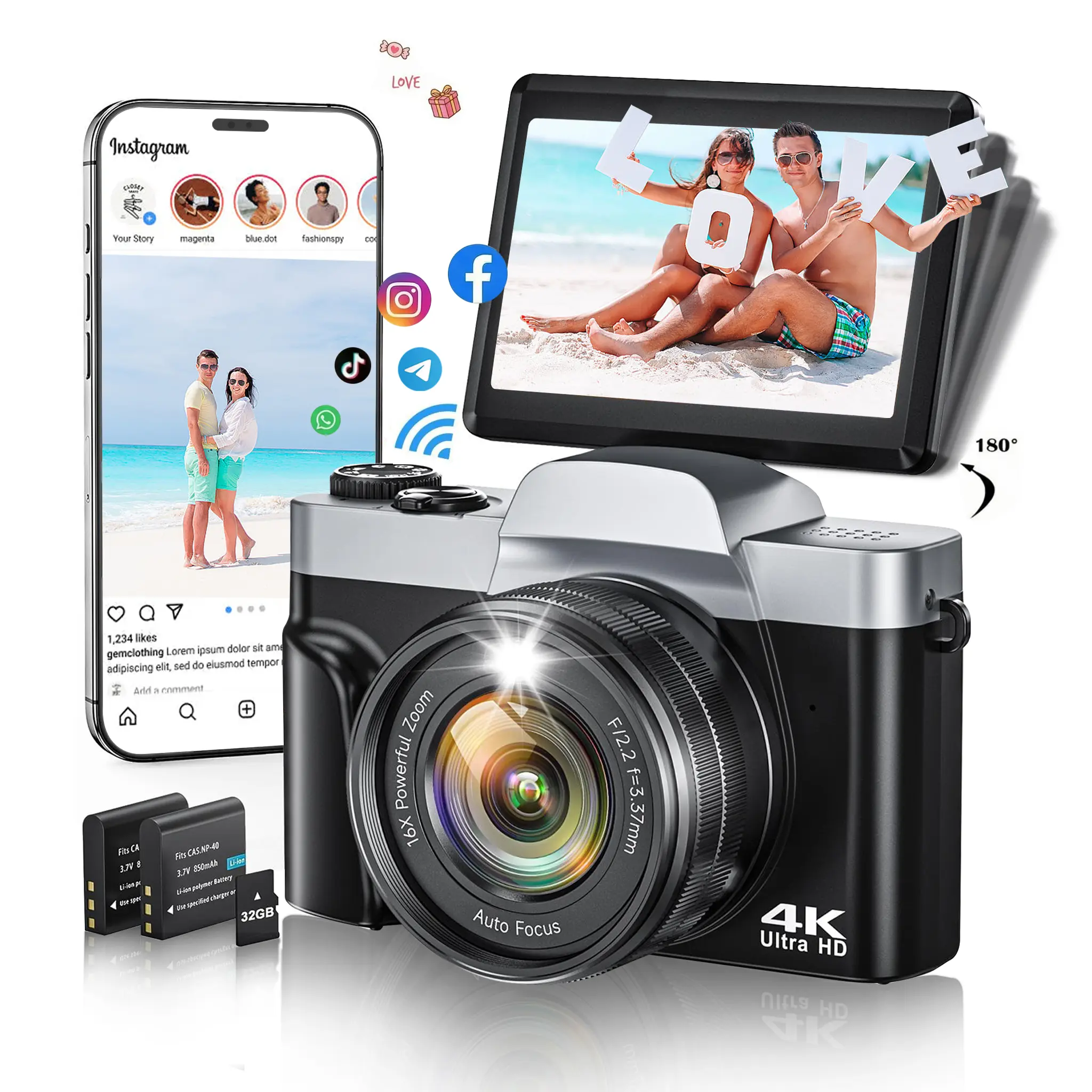 CAMKORY Selfie-Ready 4K Digital Camera | 180° Flip Screen, WiFi Autofocus Vlogging Camcorder, Compact Point and Shoot Travel Camera, Ideal Gift Choice for Kids, Teens & Adults, Portable Travel Camera, Foldable Vlogging Camera #Summerwins