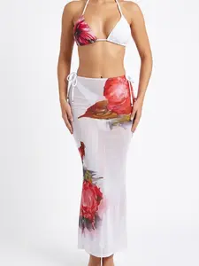 Sunkiss 3 Piece Floral Triangle Bikini Set with Maxi Mesh Skirt Cover Up, Halter High Cut Swimsuit for Women Luxury Resort Stay & Seaside Holiday