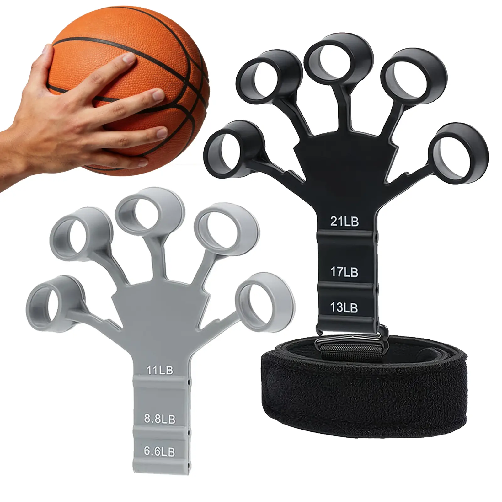 Basketball Silicone Grip Finger Trainer 2-Pack, Adjustable Bands with 6 Resistance Levels (6.6-21lb) for Shooting, Dribbling Workouts, Shooting Drills