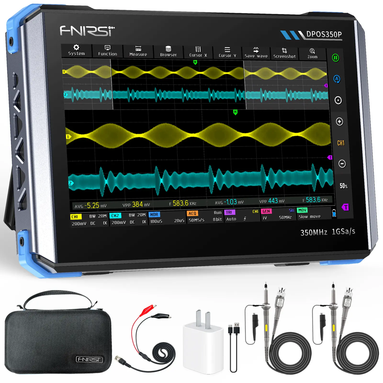 FNIRSI DPOS350P 4 In 1 Tablet Oscilloscope Spectrum Analyzer Frequency Response Analyzer Two Channel 350MHz Signal Generator 50MHz Multifunctional Bandwidth