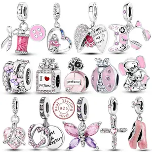 Pink Charms Original 925 Sterling Silver Heart Bow Perfume Bottle Charms Beads Pendants Fit Bracelet DIY Women Jewelry Making