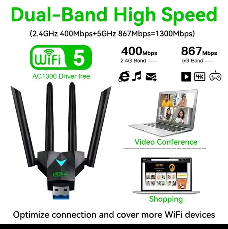 dual band 1300mbps wifi usb adapter 2.4/5ghz wifi dongle usb 3.0 802.11ac 4-Antena wireless receiver for pc/laptop driver free